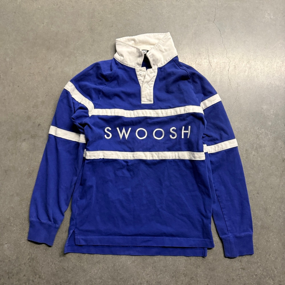 Nike Sportswear Swoosh Rugby Shirt Mens Small Blue White Stripe Long Sleeve